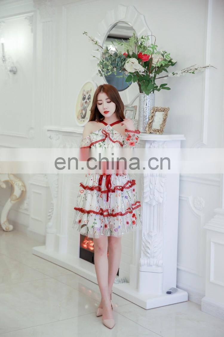 Latest Fashion Dress Designs Pretty Women Long Sleeve Floral Ruffle Casual Dresses with Cold Shoulder