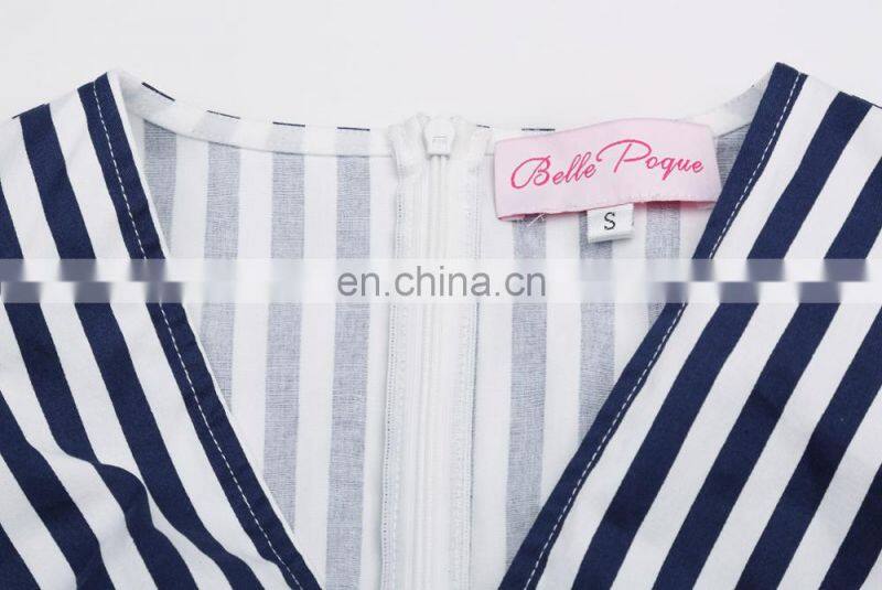 Belle Poque Stripe Pattern Stripped Sleeveless V-Neck A-Line Dress Retro Vintage 50s BP000308-1