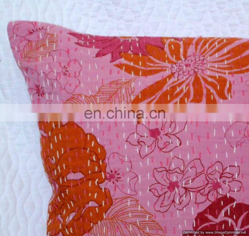 Pink Floral Indian Colorful Designer Cotton kantha sofa Cushion Covers/Handcrafted Ethnic kantha work Pillow Cushion Cover Art