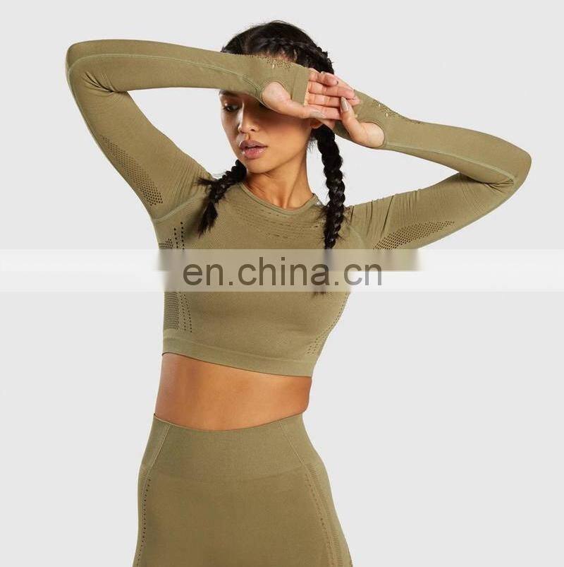 Long Sleeve Running Shirts & Full Length Gym Fitness Tights set womens seamless Crop Top Gym yoga set