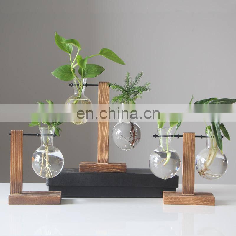 Terrarium Hydroponic Plant Vases Vintage Flower Pot Transparent Vase Wooden Frame Glass Tabletop Plants Home Bonsai Decor