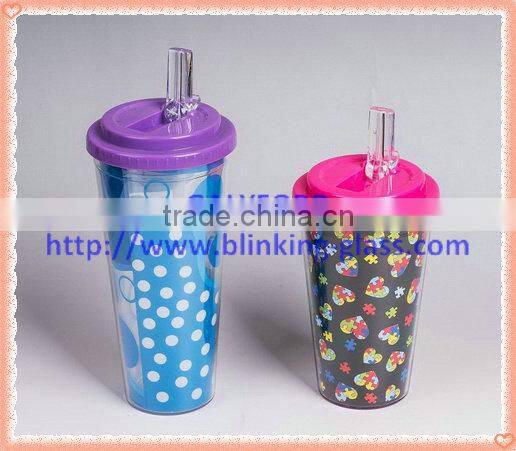 16oz PS double wall reusable plastic cup with lid and straw