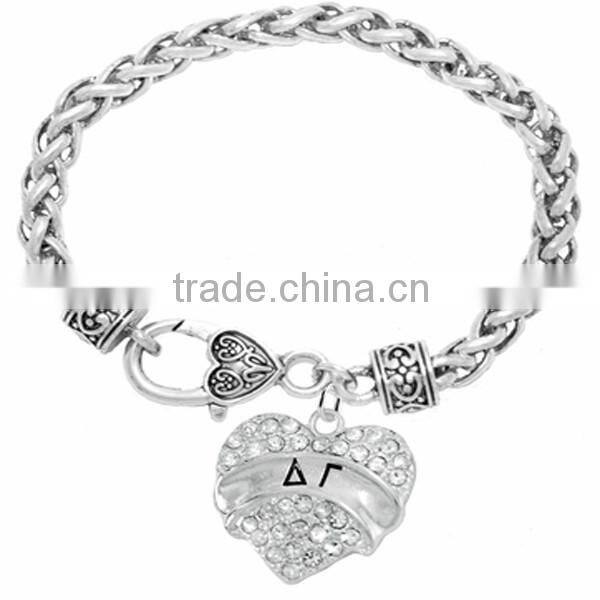 Genuine Austrian Clear Crystal "Delta Gamma" Greek Sorority Heart Charm Chain Link Bracelet