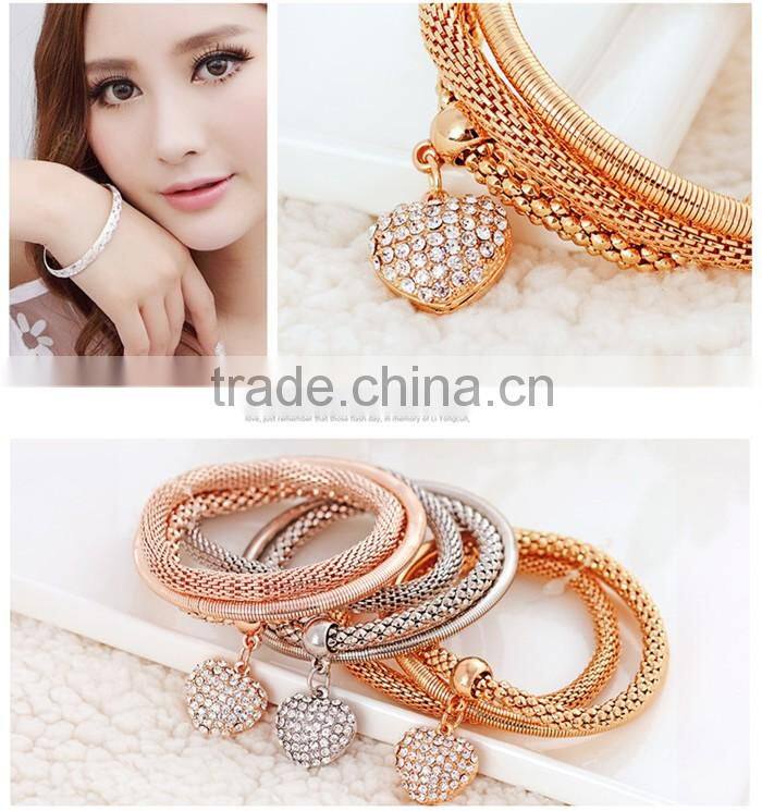 Fashion gold rose gold plated rope zinc alloy rhinestone heart pendant charm bracelet