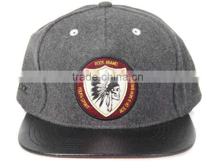 applique snapback cap with flat leather brim red under brim wholesale