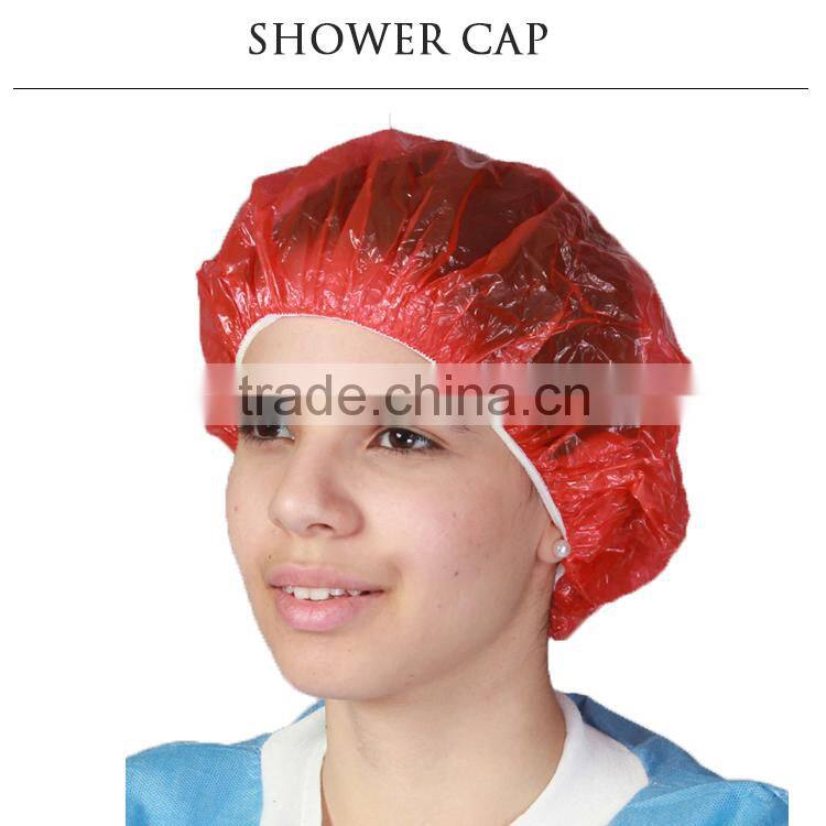 good quality white red blue pink waterproof disposable PE shower cap hotel
