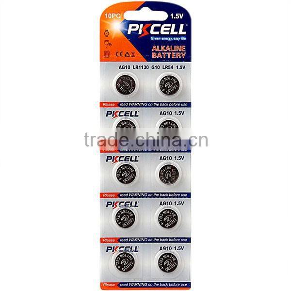 PKCELL AG10 coin cell battery 1.5V AG10 LR54/189/L1130 alkaline button cell