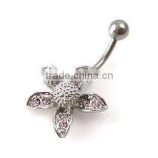 Pink flower 316L surgical steel belly button ring body piercing jewelry