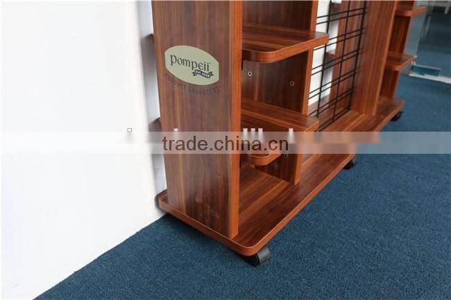 Customized flooring detachable 4-tier wheels retail store wood display shelf