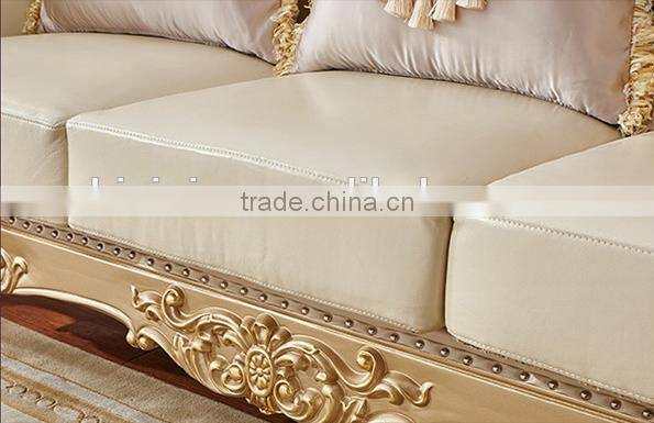 Neoclassic style solid wood champagne gold carving leather sofa set