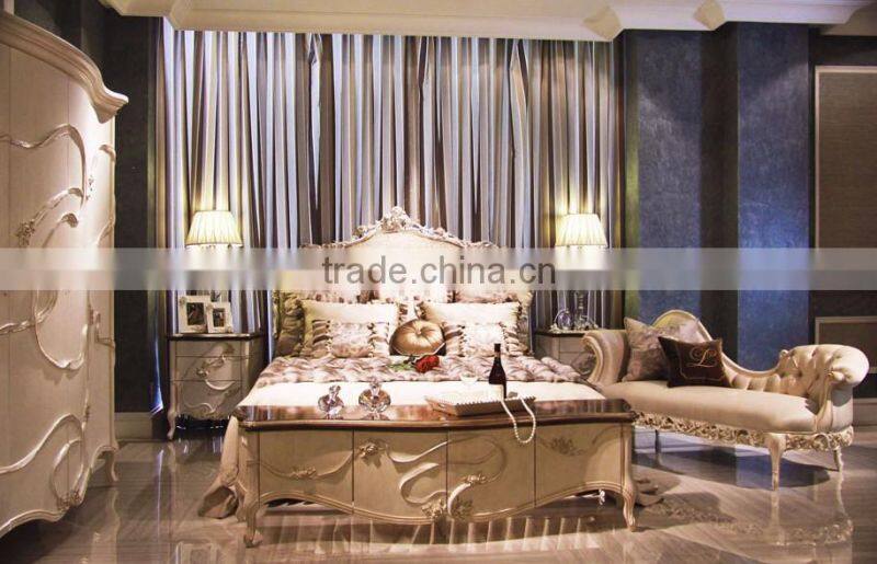 Classic Antique European Snow White Carving Floral King Bed with Matching Nightstand and Wardrobe BF12-03284b