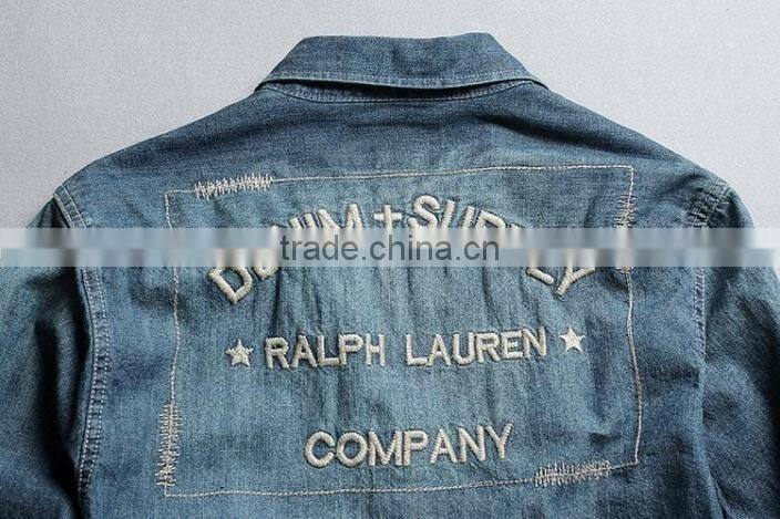 Men denim shirts, long sleeve shirt with embroidery, Men vintage denim shirt,washed denim shirts
