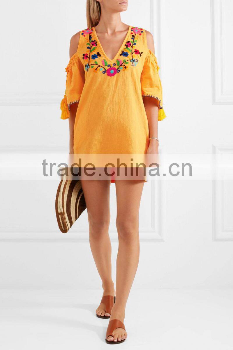 boho cold-shoulder flora embroidered crinkled cotton mini dress mexican western dresses names HSd5199