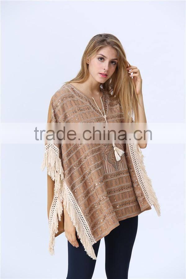 New Arrival Ladies Fashion Design Elegant Winter/Autumn Tan Colour Dolman/ Cape/Shawl Coat With Fringing and Beading for women