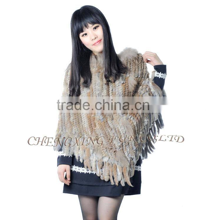 CX-B-31B Big Size Wholesale Natural Colour Knit Rabbit & Raccoon Fur Fashion Shawl