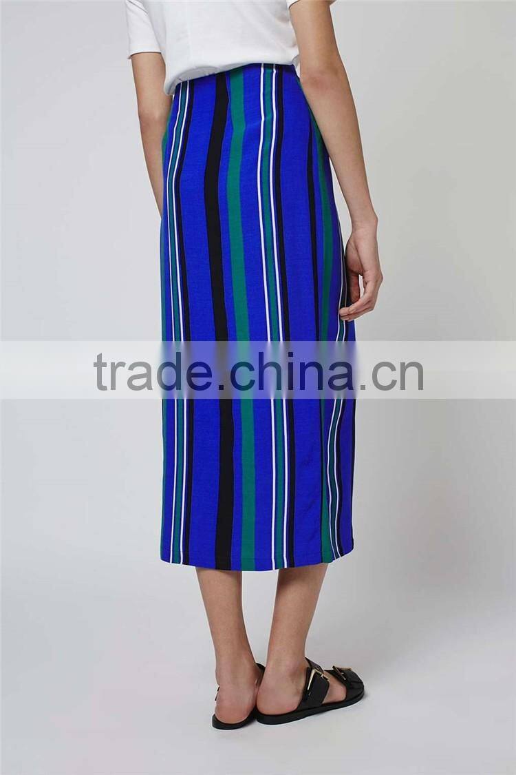 New Arrival Brand Design Stripe Split Maxi Skirt Blue Fashion Long Summer Skirts Muslim Fitting