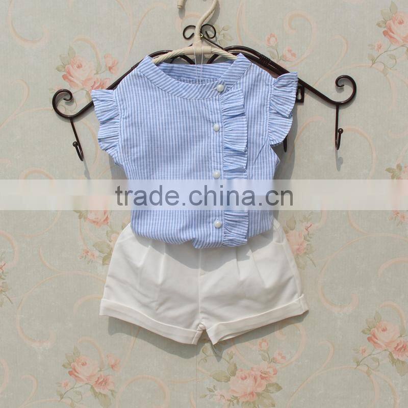 Child Girl Boutique Outfits Pearl Buttons Flutter Shirt With White Shorts Factory Direct Sale