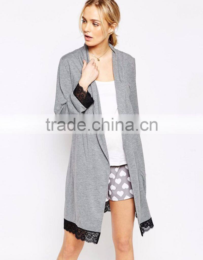 Regular fit long sleeve jersey sleeping robe for women,maternity lace trims robe 2016