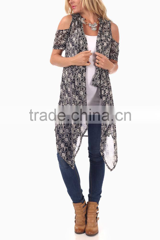 BLACK WHITE TRIBAL OPEN SHOULDER CHIFFON MATERNITY CARDIGAN