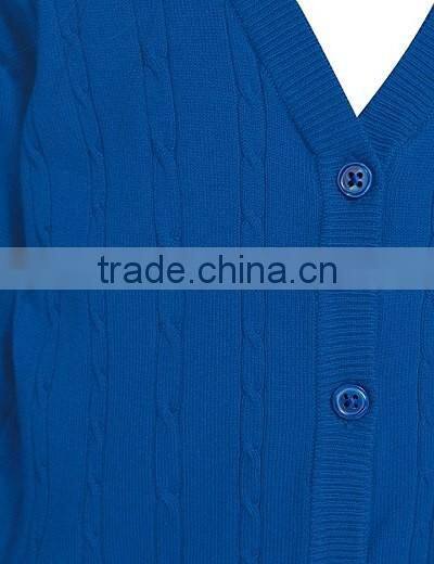 Latest! High Quality Bright Blue Button Through V-Neck Girls Long Sweater with Ribbed Trim