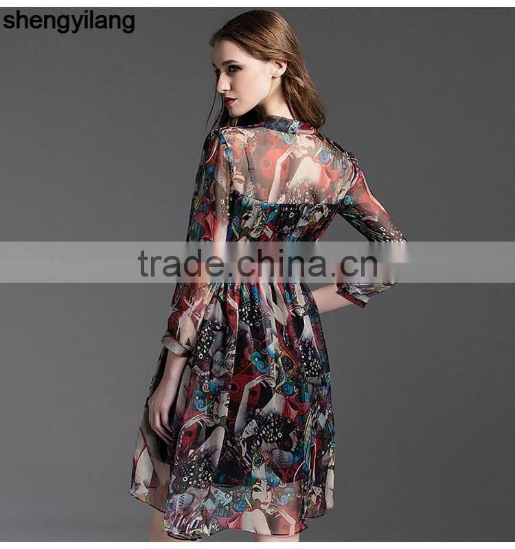 womens latest high quality printed chiffon traditional slim fitted dresses with bow