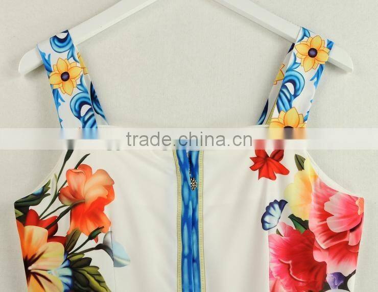Ladies bright-coloured button-up peony printing princess straps dress with zipper back