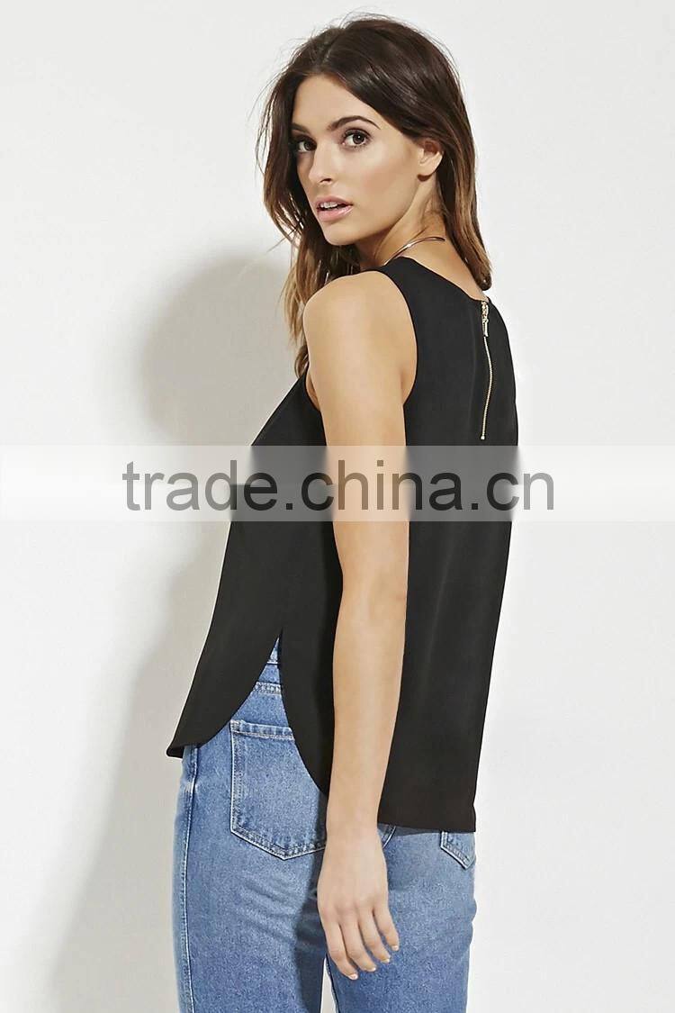 2016 high quality plain dyed cotton fashionable summer sleeveless smart casual blouse