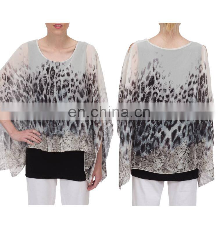 Batwing Sleeve Chiffon Tribal Animal Print Poncho for Old Women