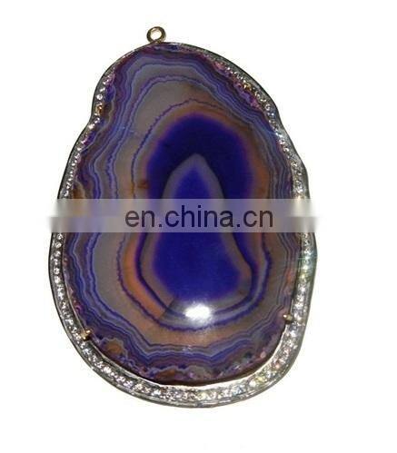 2015 wholesale gemstone pandent/Agate Slice Pave Set Pendant/Silver CZ pave pandent
