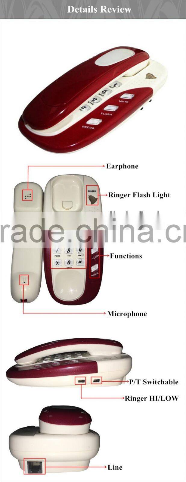 Wholesale redial function trimline wall mounted slim telephone