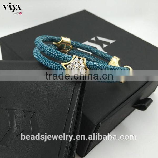 2016 Wholesale Luxury Stingray/ Python Leather Crystal Bracelet With Silver Cuff Jewelry