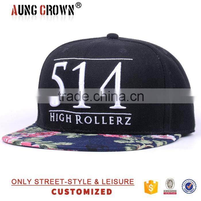 Fashion Custom 3d Embroidery Floral Bill Snapback Hat Wholesale