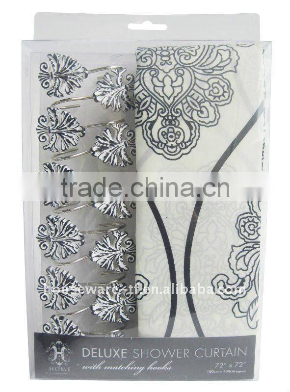 Polyester shower curtain with resin hooks, demask