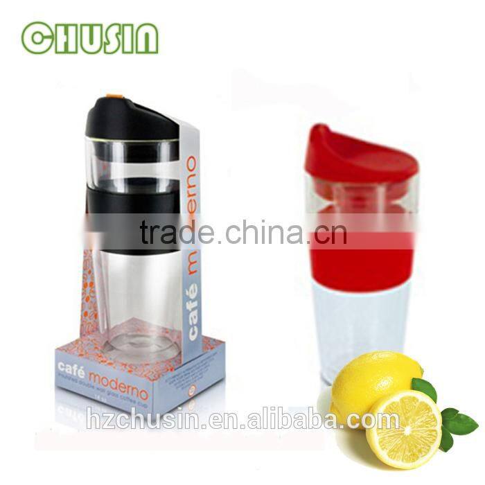 420ml double wall glass coffee cup with silicone sleeve and lid
