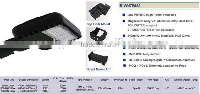 Super brightness small model led parking lot light 60W/90W/120W with DLC UL CUL listed