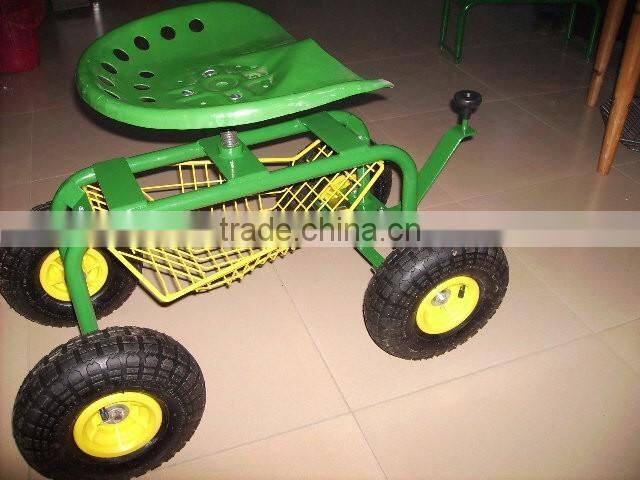 Long handle Rolling seat cart with mesh bucket