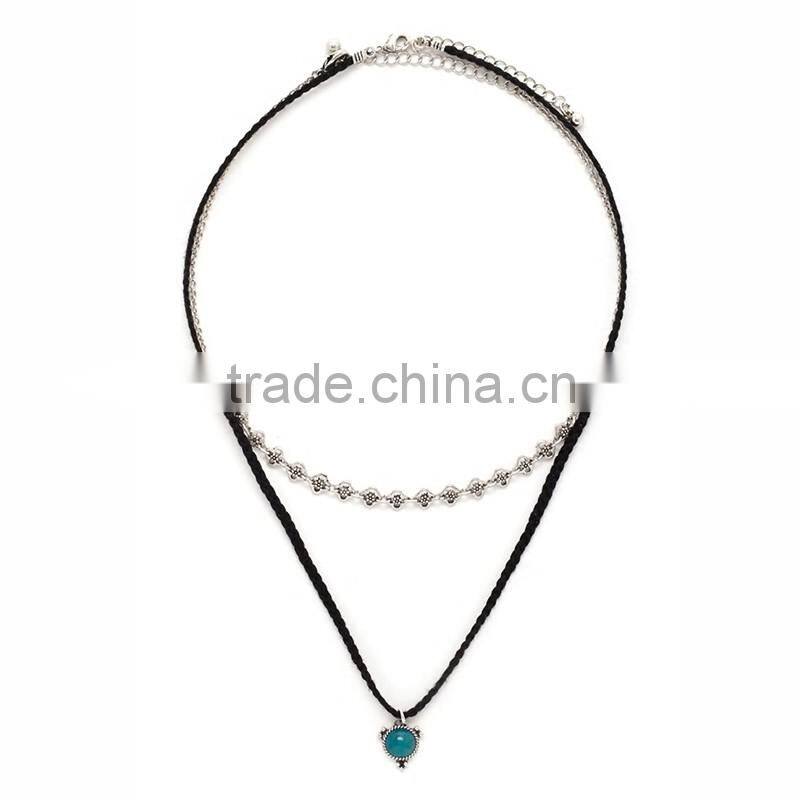 Harajuku Style Black Braided Rope Atrovirens Beads Pendant Retro Alloy Tiny Flower Chain Multilayer Joker Necklaces For Women