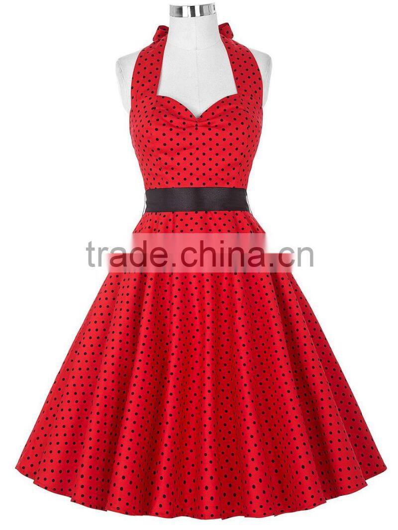 Red Polka Dot Halter Woman Dress Super Flare