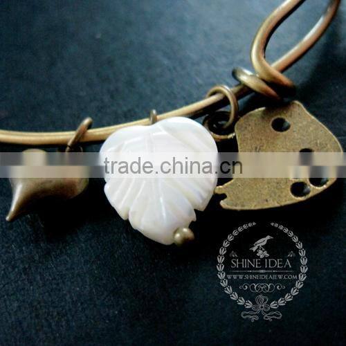 vintage bronze antiqued nut prayer box bird white shell leaf heart wish charms fashion women wiring bangle bracelet 6450034