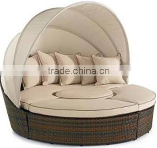 Outdoor Patio Sofa Furniture Round Retractable Canopy Daybed Brown Wicker Rattan