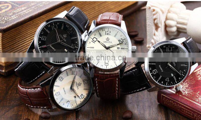 Orkina Mens Black Leather Stainless Steel Case Chrono Date Display Analog Sport Quartz Wrist Watch
