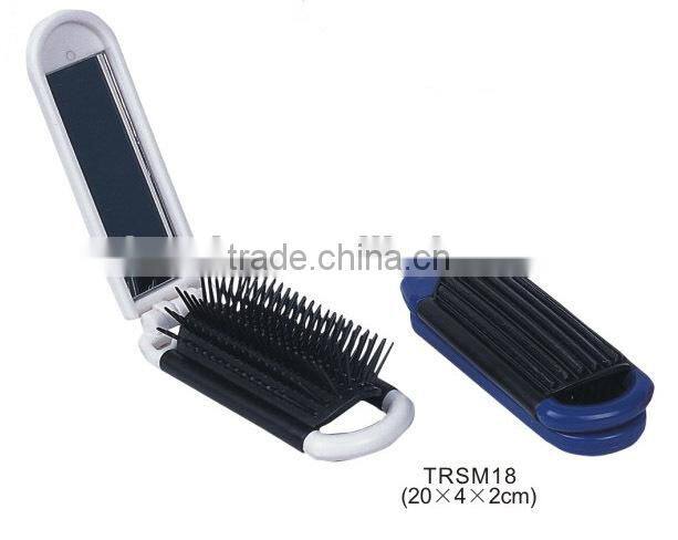 Mini pocket folding hair brush with mirror/plastic travel mirror with comb