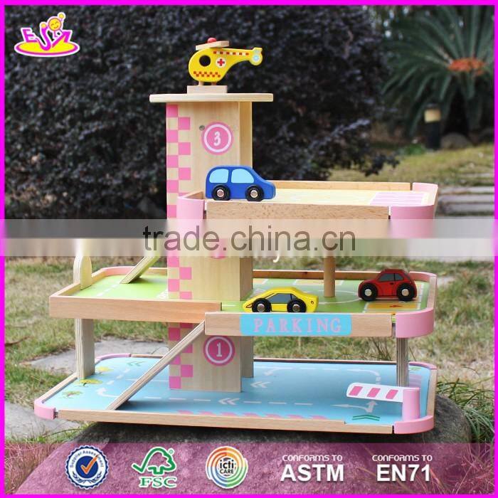 2017 new products lovely pink children wooden toy garage for cars W04B050