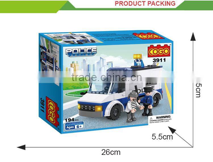 Creative building block toys diy polict cars blue fire truck toy