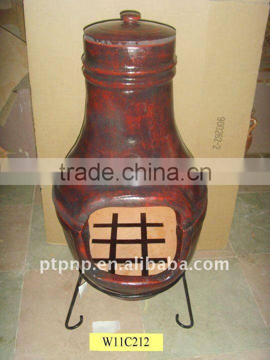 Clay chimney with metal stand, fire shelf and lid for garden decoration