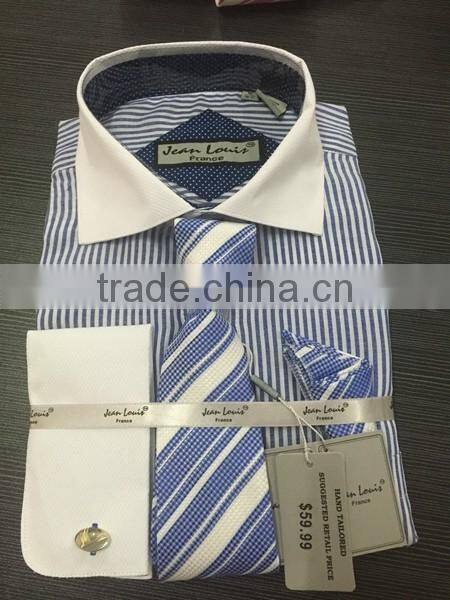 Stock USA Men Oxford Stripes Dress Shirt with Tie/Hankie/Cufflinks
