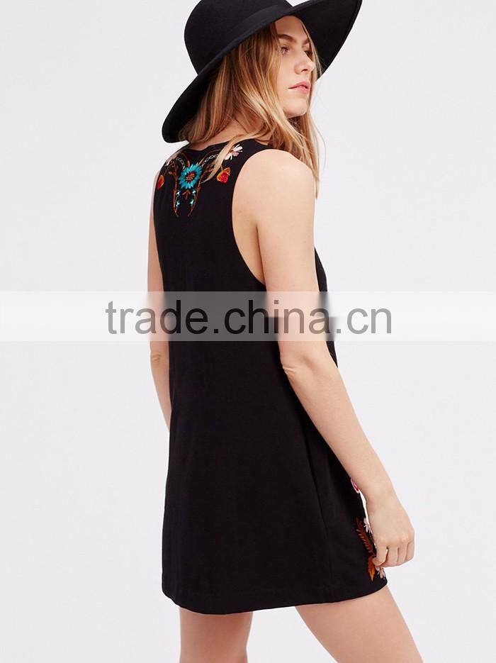 Folk Song spaghetti sleeveless embroidered black ladies fancy cocktail women night mini dress sexy fashion names wholesale oem