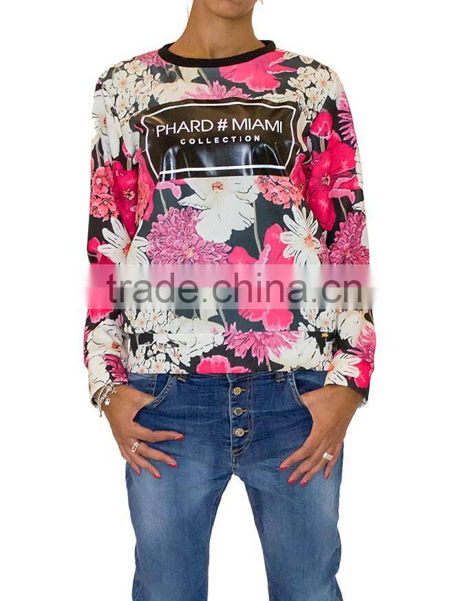 2015 New Fashion Round Neck Floral printed Long Sleeve Polo Womens T-shirt Wholesale