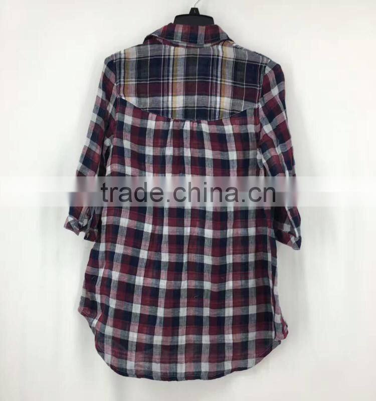 Women garment stock lot high quality cotton plaid shirt