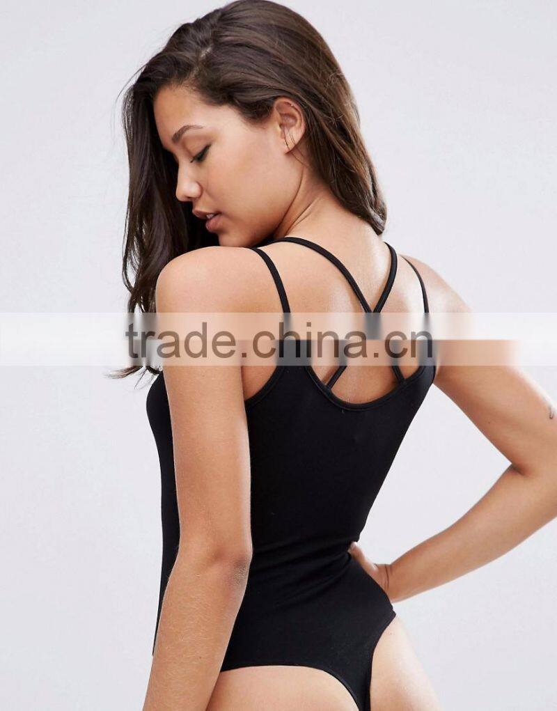 Women Double Strap Cross Back Bodysuit Plain Black Sexy Crisscross Jmpsuit For Summer Fitness One Piece Underwear